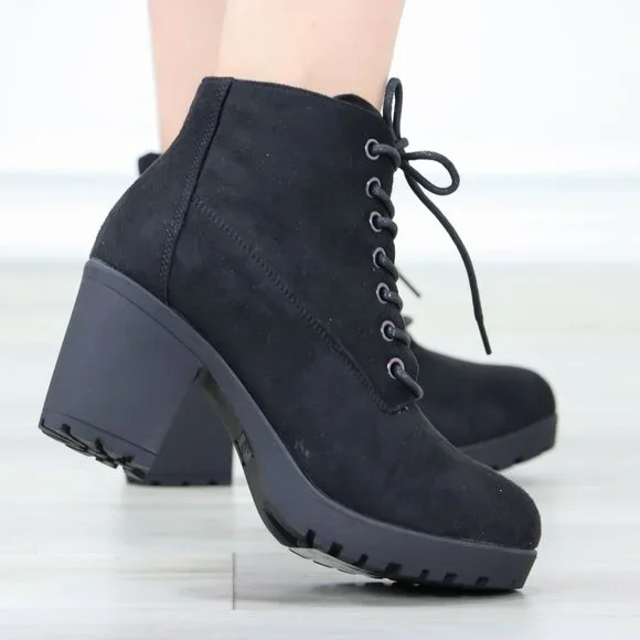 Black Suede Ankle Chunky Block Lug High Heel Boots Lace-Up - Picture 5 of 13